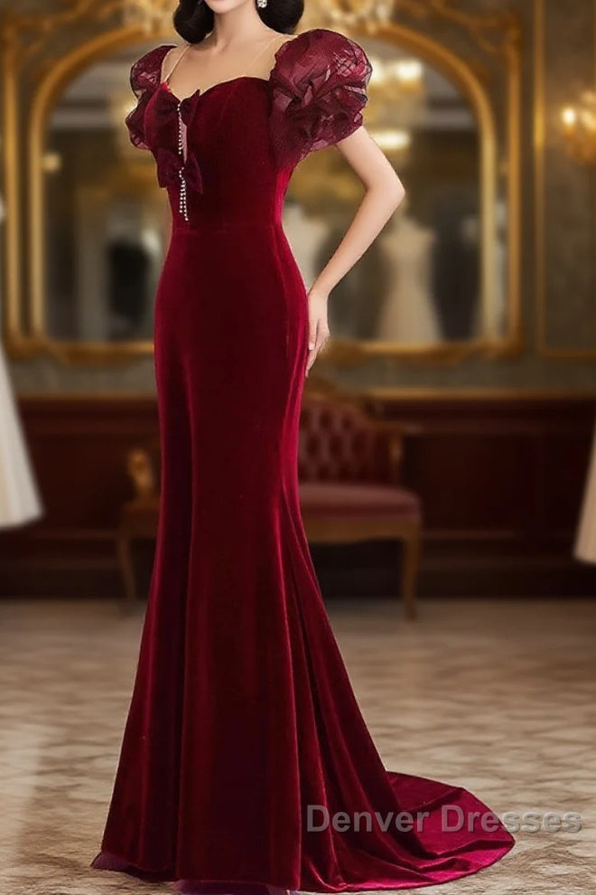 Wine Red Mermaid Long Party Dress With Bow, Wine Red Evening Dress Prom Dress