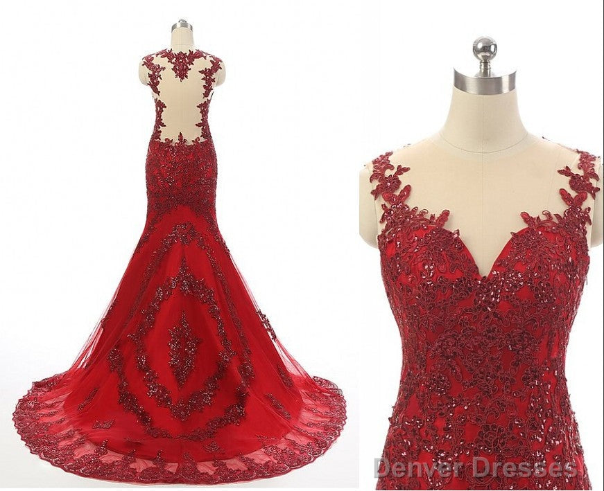 Wine Red Mermaid Long Party Dress with Lace Applique, Wine Red Formal Dresses Main image