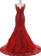 Wine Red Mermaid Long Party Dress with Lace Applique, Wine Red Formal Dresses