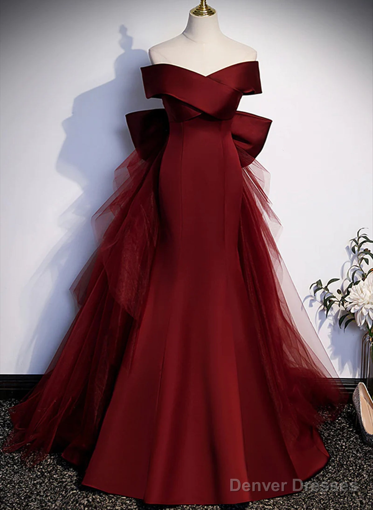 Wine Red Mermaid Long Prom Dress, Off the Shoulder V-Neck Wedding Party Dress Secondary image