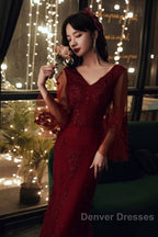 Wine Red Mermaid Long Prom Dress With Lace, V-Neckline Prom Dress
