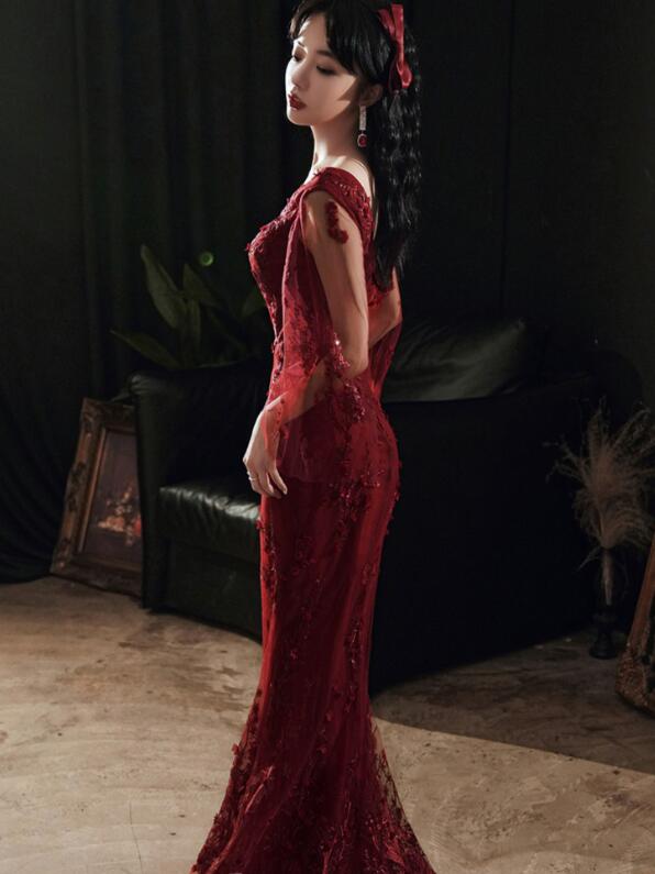 Wine Red Mermaid Long Prom Dress With Lace, V-Neckline Prom Dress