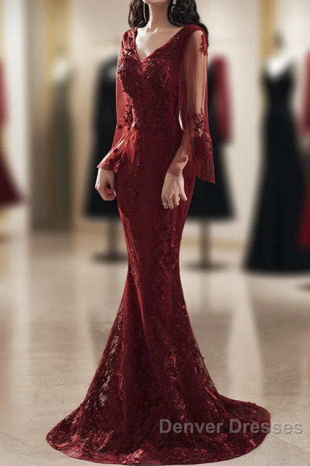 Wine Red Mermaid Long Prom Dress With Lace, V-Neckline Prom Dress