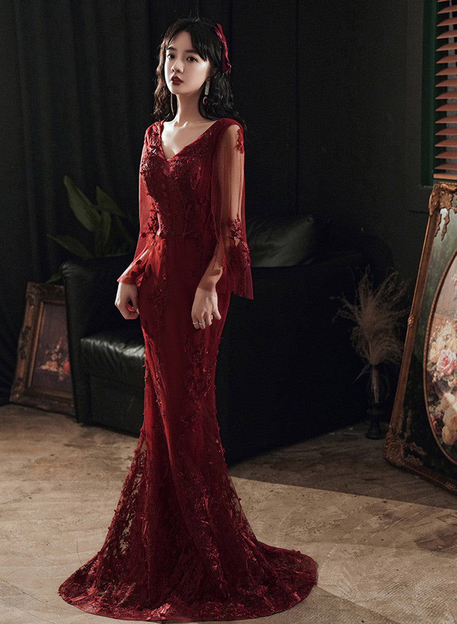 Wine Red Mermaid Long Prom Dress With Lace, V-Neckline Prom Dress Main image