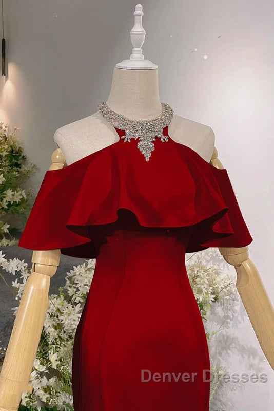 Wine Red Mermaid Off Shoulder Halter Neckline Party Dress, Wine Red Evening Gown