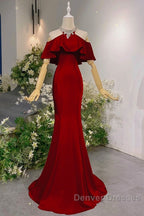 Wine Red Mermaid Off Shoulder Halter Neckline Party Dress, Wine Red Evening Gown