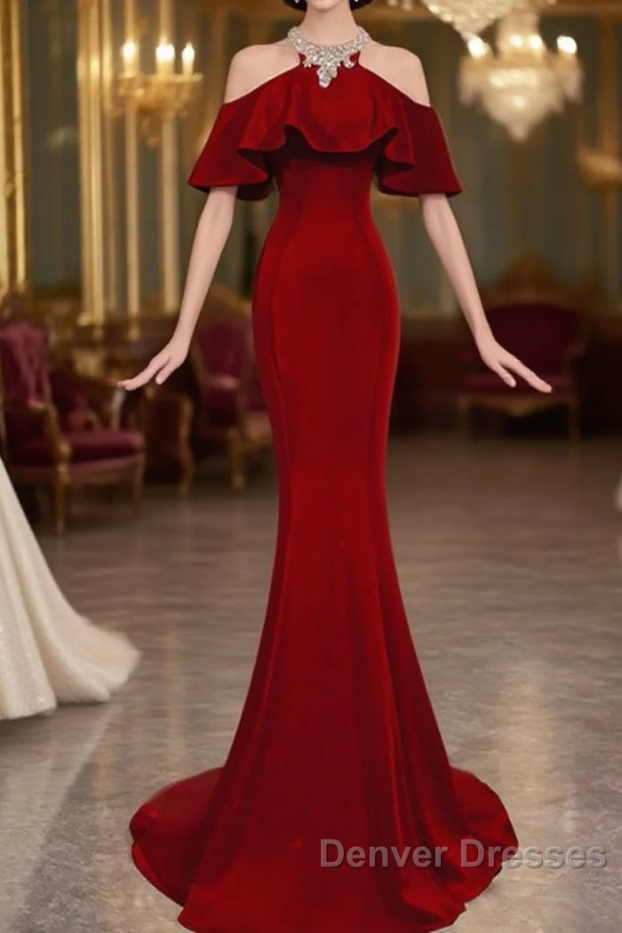 Wine Red Mermaid Off Shoulder Halter Neckline Party Dress, Wine Red Evening Gown Main image