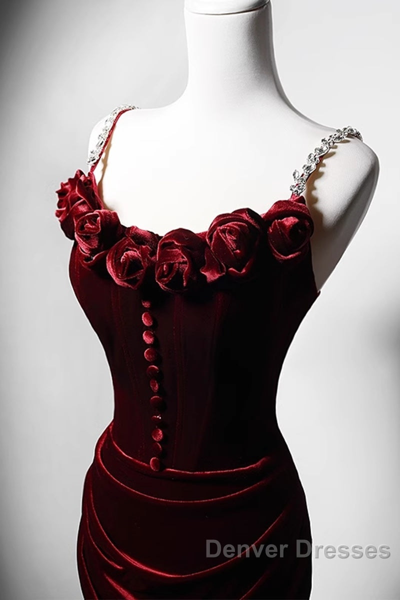 Wine Red Mermaid Straps Beaded Long Formal Dress, Wine Red Evening Dress Prom Dress