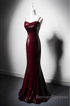 Wine Red Mermaid Straps Long Prom Dress Party Dress, Wine Red Sequins Evening Dress