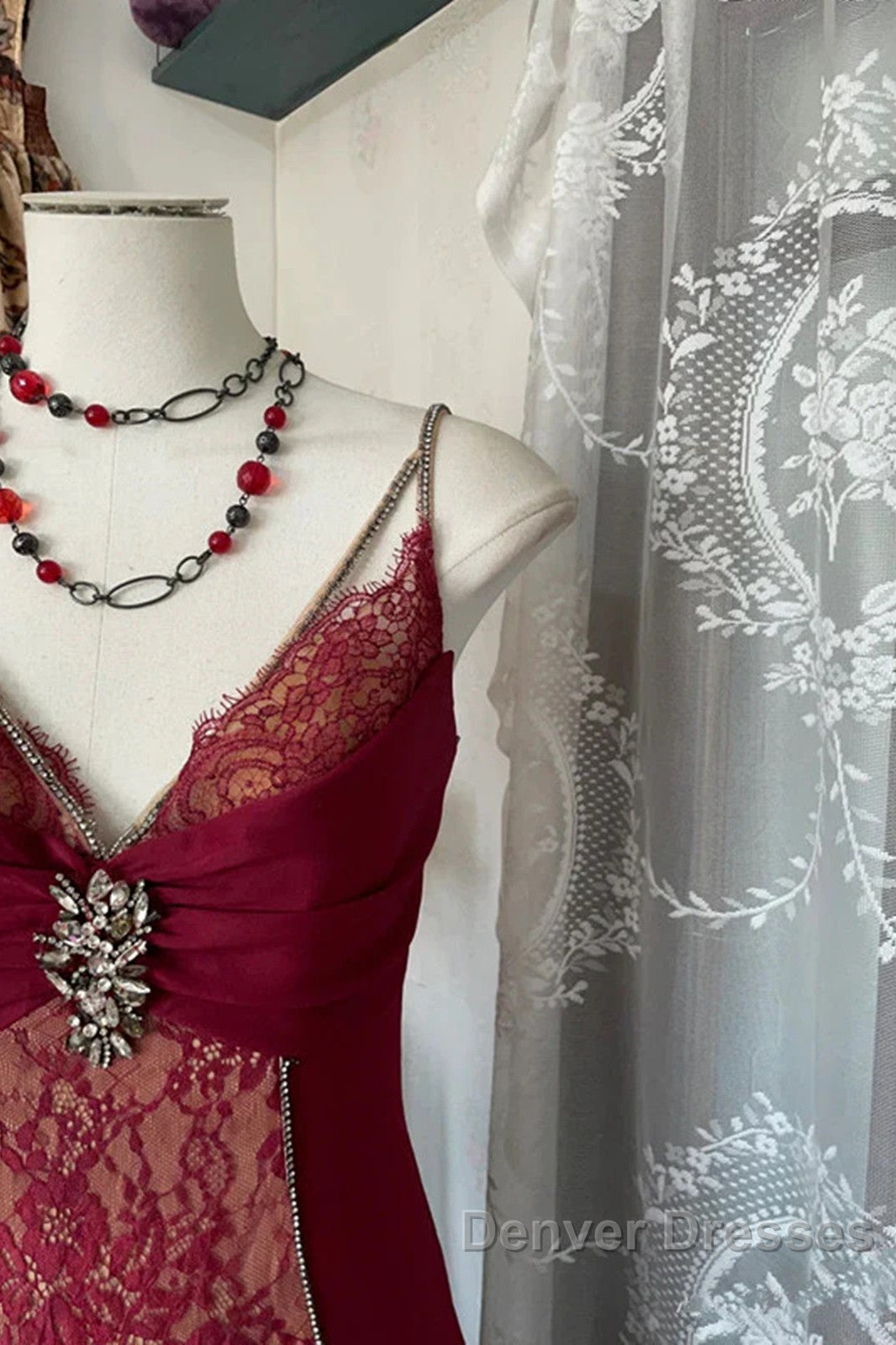 Wine Red Mermaid Straps Sweetheart Party Dress, Wine Red Lace Prom Dress