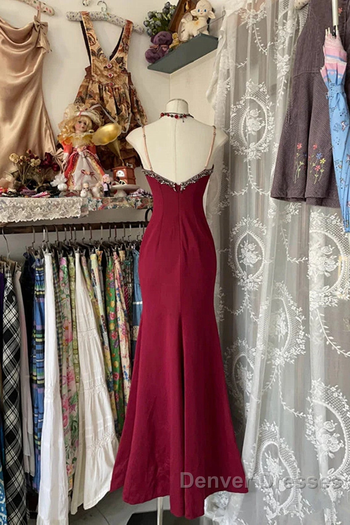 Wine Red Mermaid Straps Sweetheart Party Dress, Wine Red Lace Prom Dress