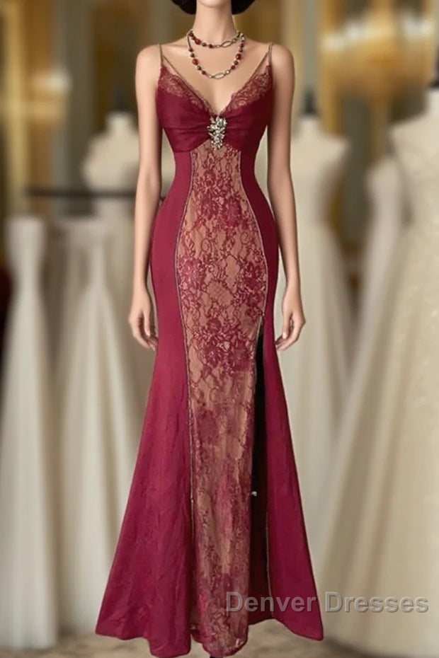 Wine Red Mermaid Straps Sweetheart Party Dress, Wine Red Lace Prom Dress Main image