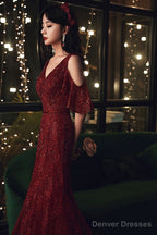 Wine Red Mermaid Tulle Beaded V-Neckline Prom Dress, Wine Red Evening Dress