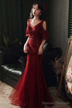 Wine Red Mermaid Tulle Beaded V-Neckline Prom Dress, Wine Red Evening Dress