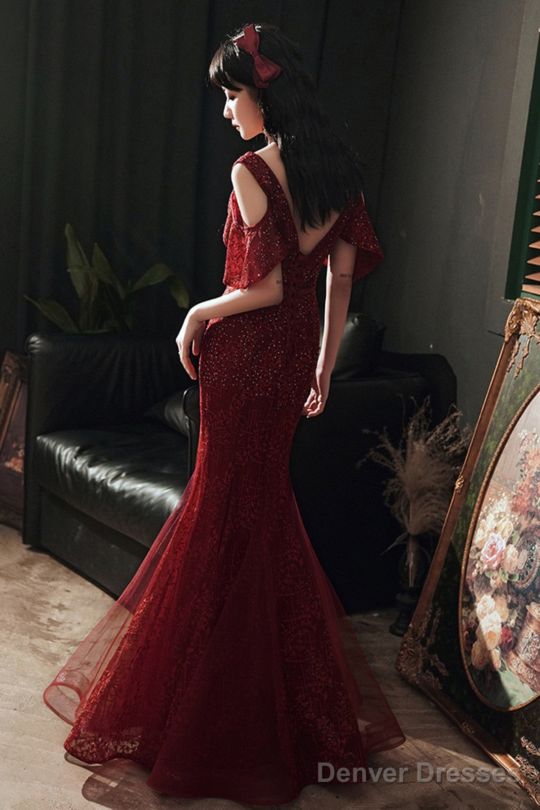 Wine Red Mermaid Tulle Beaded V-Neckline Prom Dress, Wine Red Evening Dress