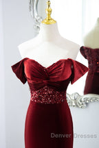 Wine Red Mermaid Velvet Long Party Dress, Wine Red Prom Dress Evening Dress