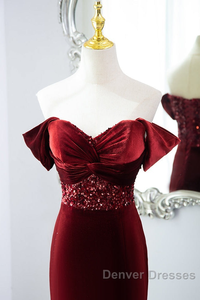 Wine Red Mermaid Velvet Long Party Dress, Wine Red Prom Dress Evening Dress