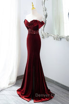 Wine Red Mermaid Velvet Long Party Dress, Wine Red Prom Dress Evening Dress