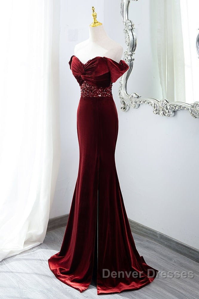 Wine Red Mermaid Velvet Long Party Dress, Wine Red Prom Dress Evening Dress