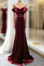 Wine Red Mermaid Velvet Long Party Dress, Wine Red Prom Dress Evening Dress