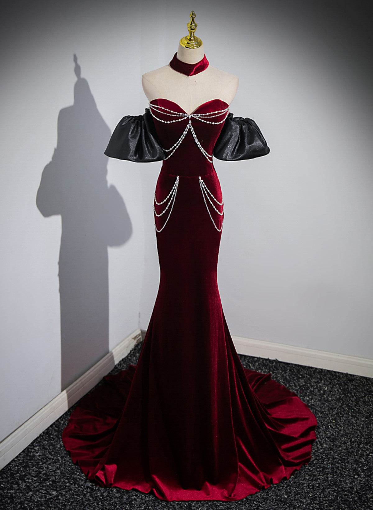 Wine Red Mermaid Velvet Off Shoulder Party Dress, Wine Red Long Evening Dress Prom Dress Main image