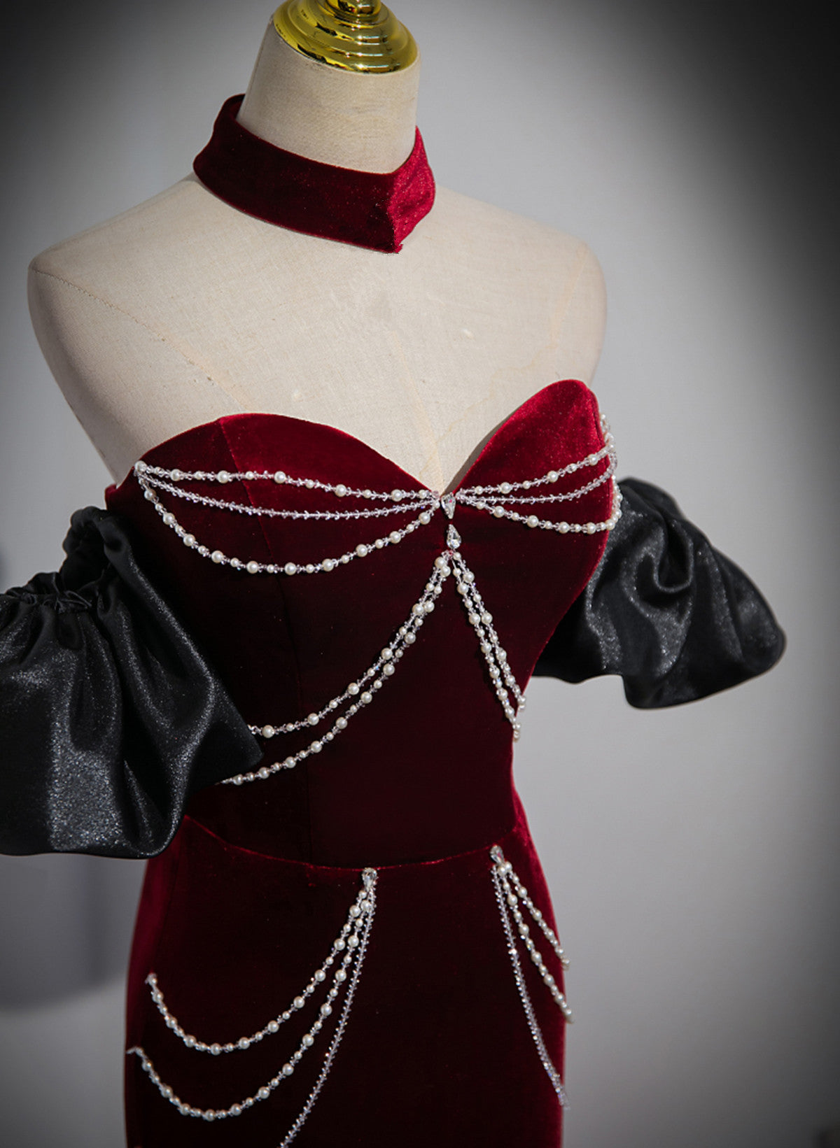Wine Red Mermaid Velvet Off Shoulder Party Dress, Wine Red Long Evening Dress Prom Dress Secondary image