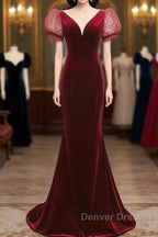 Wine Red Mermaid Velvet With Short Sleeves Formal Dress, Wine Red Evening Dress