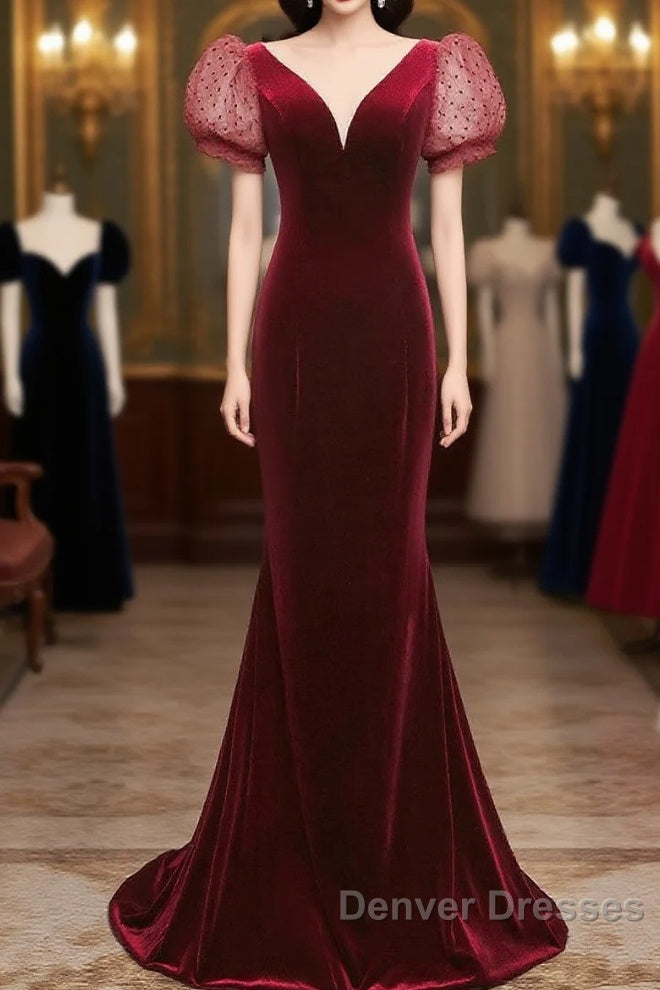 Wine Red Mermaid Velvet With Short Sleeves Formal Dress, Wine Red Evening Dress