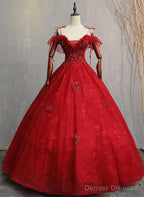 Wine Red Off Shoulder Ball Gown Sweetheart Prom Dress, Wine Red Sweet 16 Dress