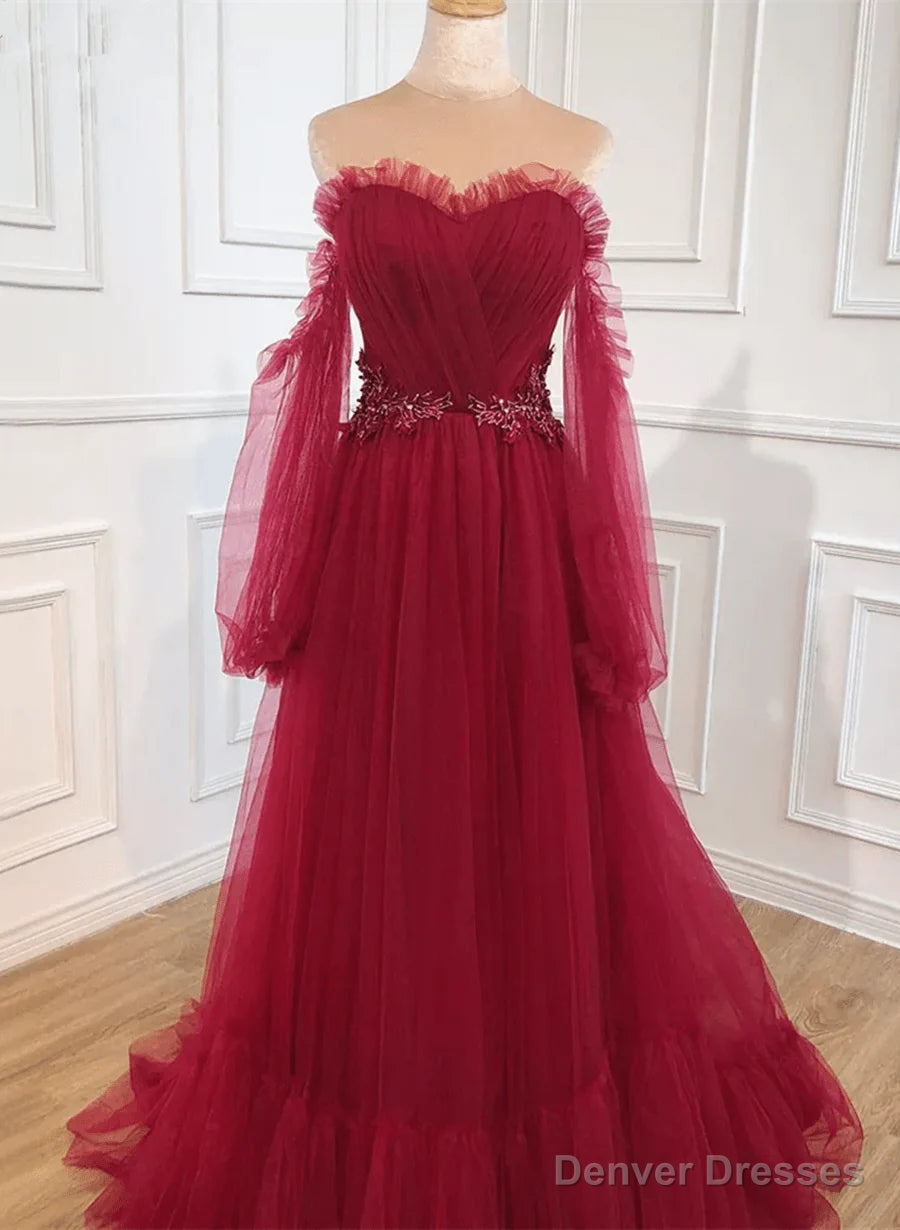 Wine Red Off Shoulder Beaded Long Formal Dress Wine Red Evening Dress prom dresses shops Main image