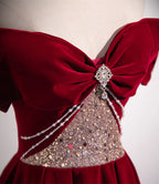 Wine Red Off Shoulder Beaded Long Velvet Party Dress, Wine Red Prom Dress