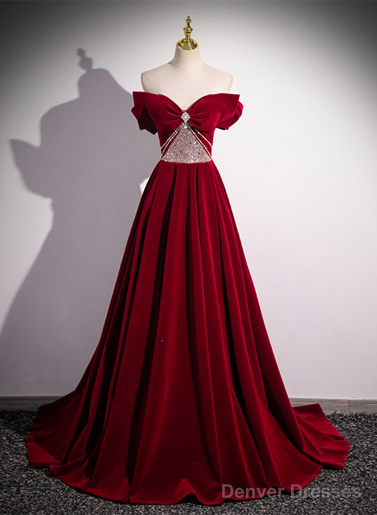 Wine Red Off Shoulder Beaded Long Velvet Party Dress, Wine Red Prom Dress Main image