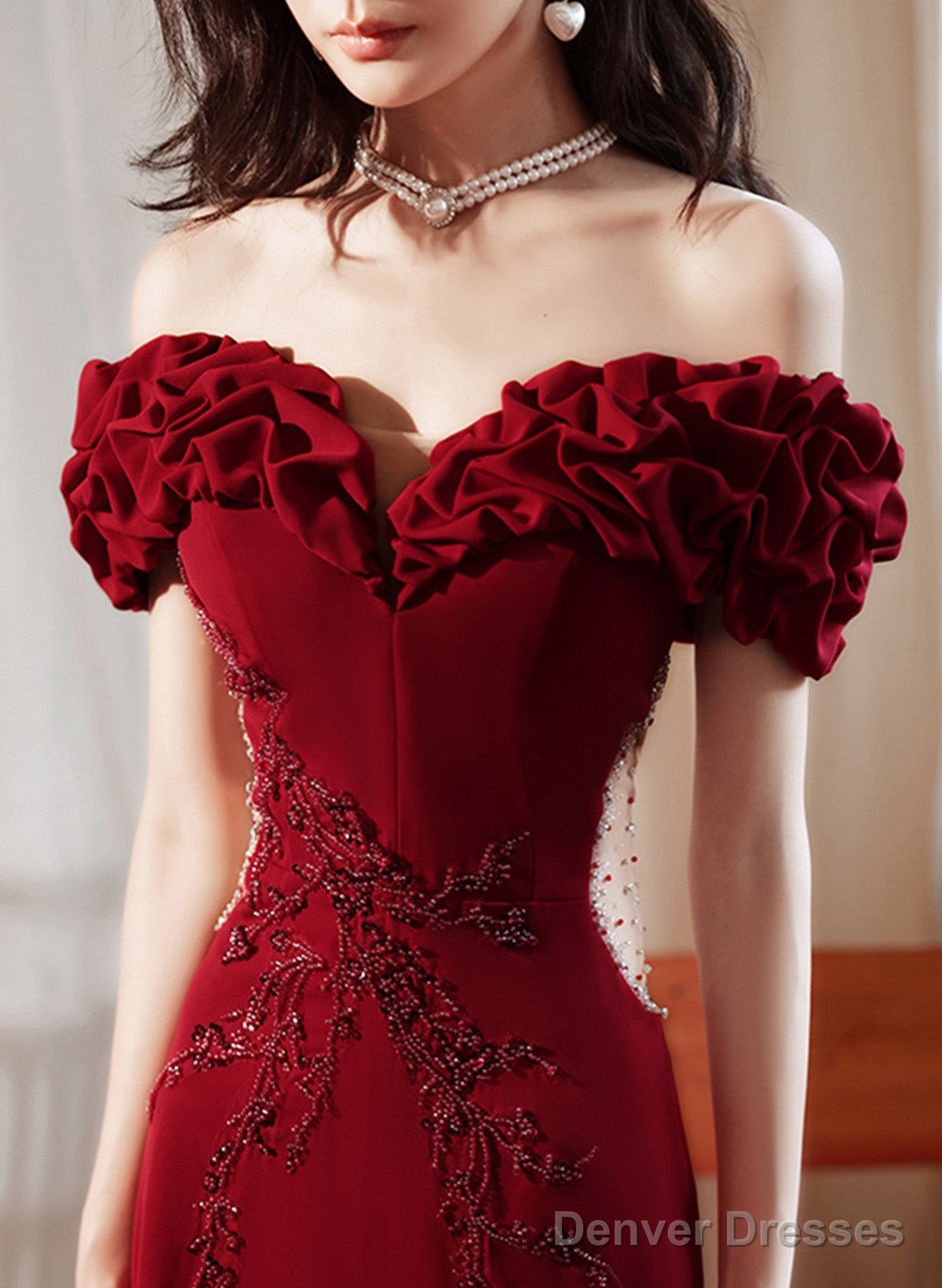 Wine Red Off Shoulder Beaded Mermaid Long Formal Dress, Wine Red Long Prom Dress