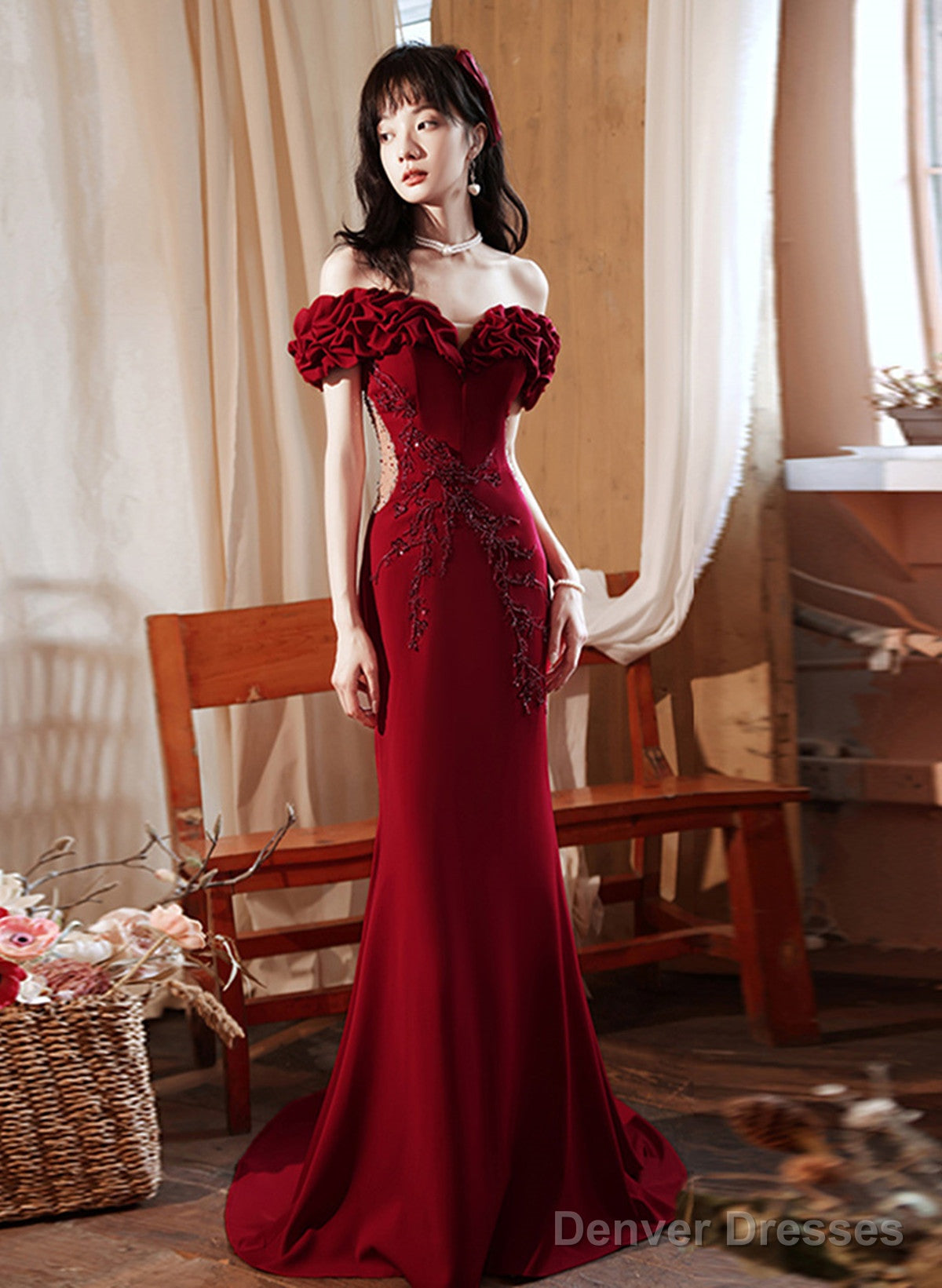 Wine Red Off Shoulder Beaded Mermaid Long Formal Dress, Wine Red Long Prom Dress Main image