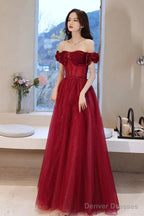 Wine Red Off Shoulder Beaded Sweetheart Long Party Dress, A-Line Prom Dress