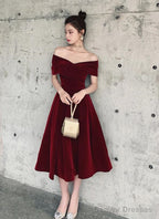 Wine Red Off Shoulder Chic Sweetheart Tea Length Party Dress,Velvet Evening Dress