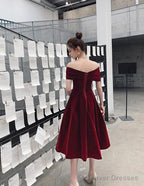Wine Red Off Shoulder Chic Sweetheart Tea Length Party Dress,Velvet Evening Dress