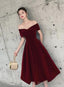 Wine Red Off Shoulder Chic Sweetheart Tea Length Party Dress,Velvet Evening Dress
