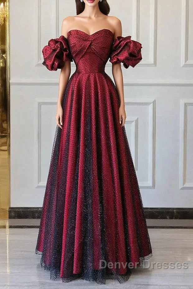 Wine Red Off Shoulder Long Formal Dress, Sweetheart Wine Red Formal Dress Main image