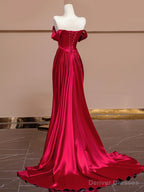 Wine Red Off Shoulder Satin Long Evening Dress, Wine Red Prom Dress