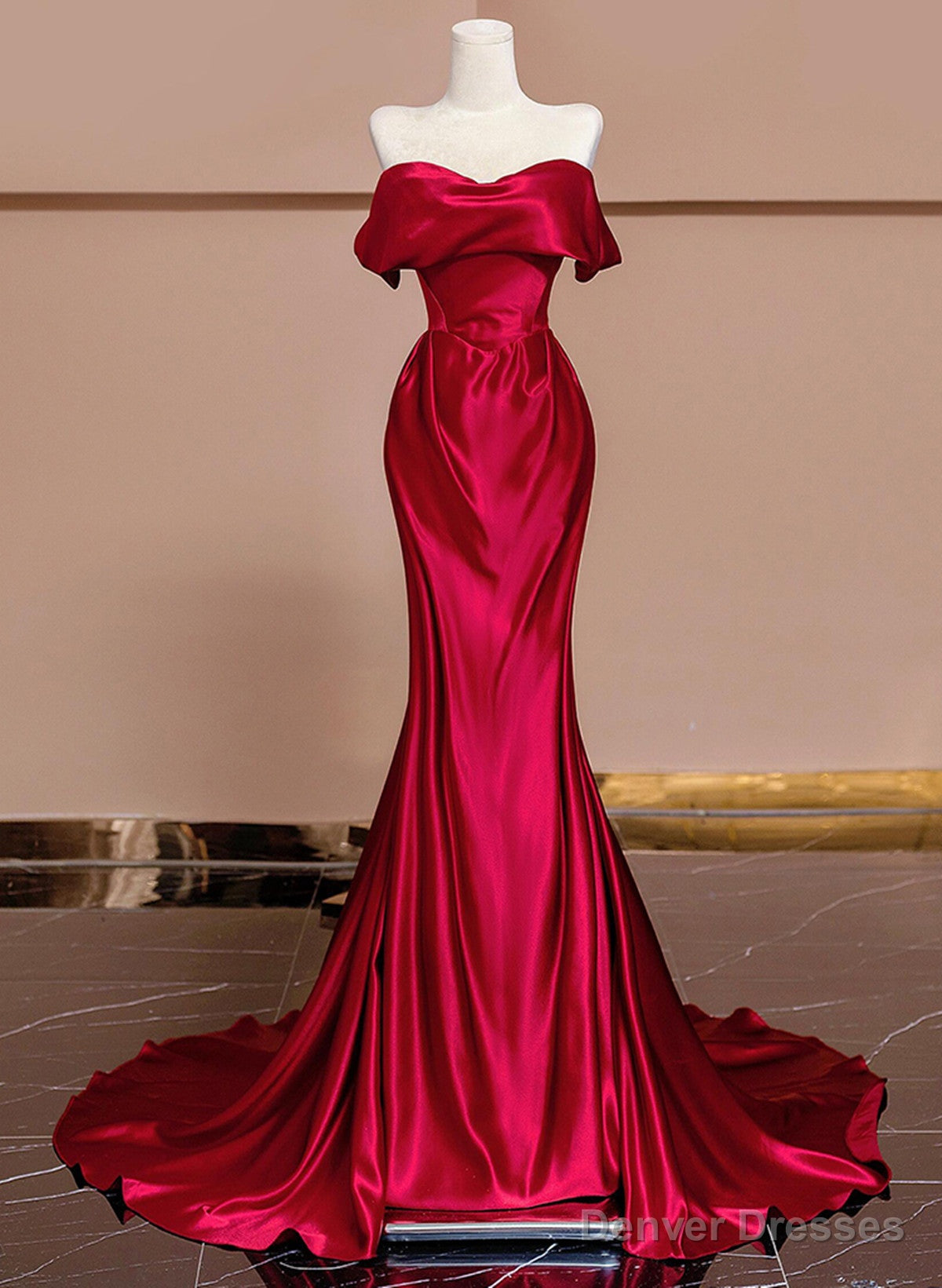 Wine Red Off Shoulder Satin Long Evening Dress, Wine Red Prom Dress Main image