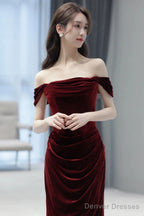 Wine Red Off Shoulder Scoop Long Party Dress, Wine Red Velvet Prom Dress