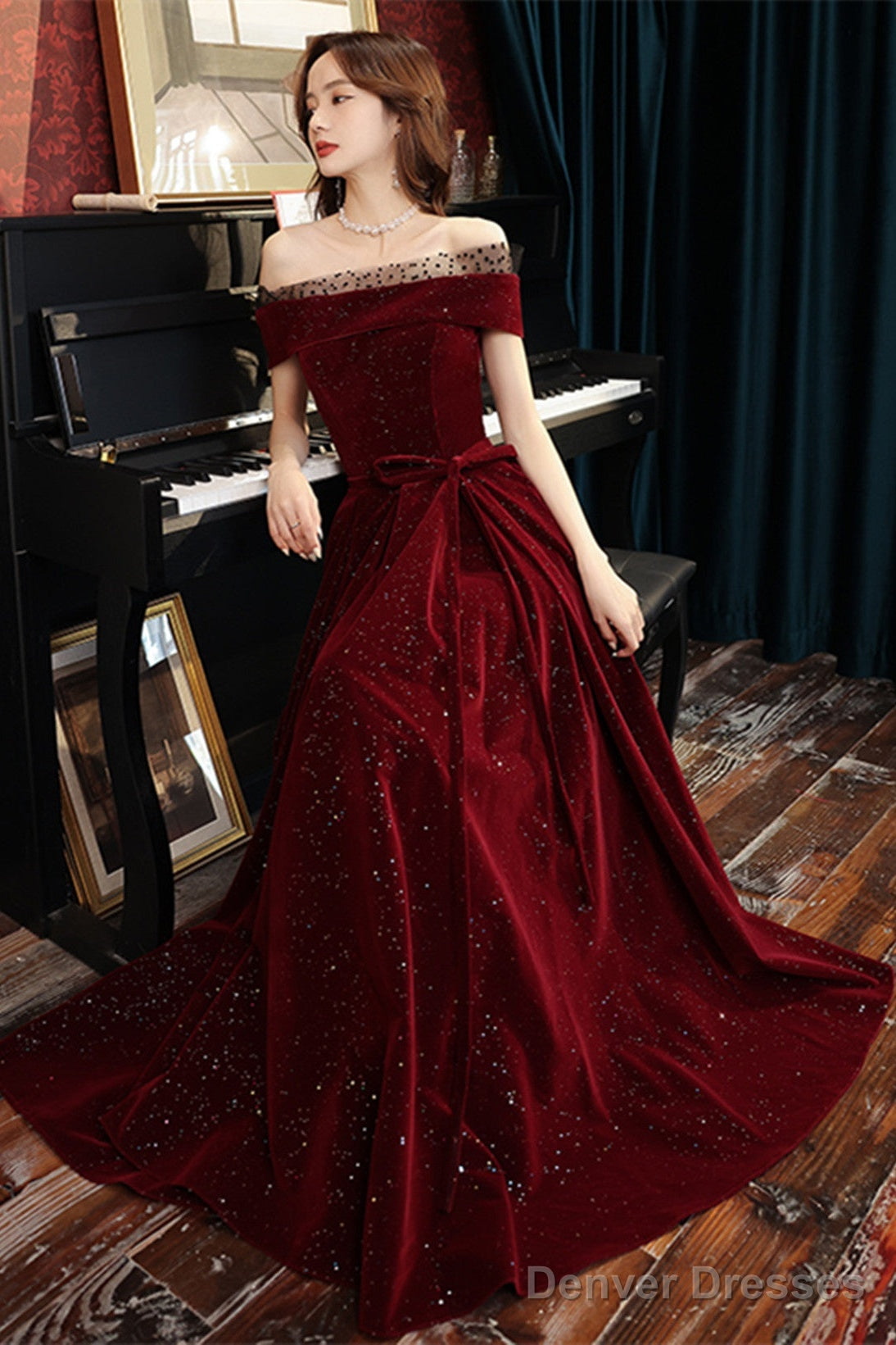Wine Red Off Shoulder Simple Scoop Long Party Dress, Wine Red Evening Dress