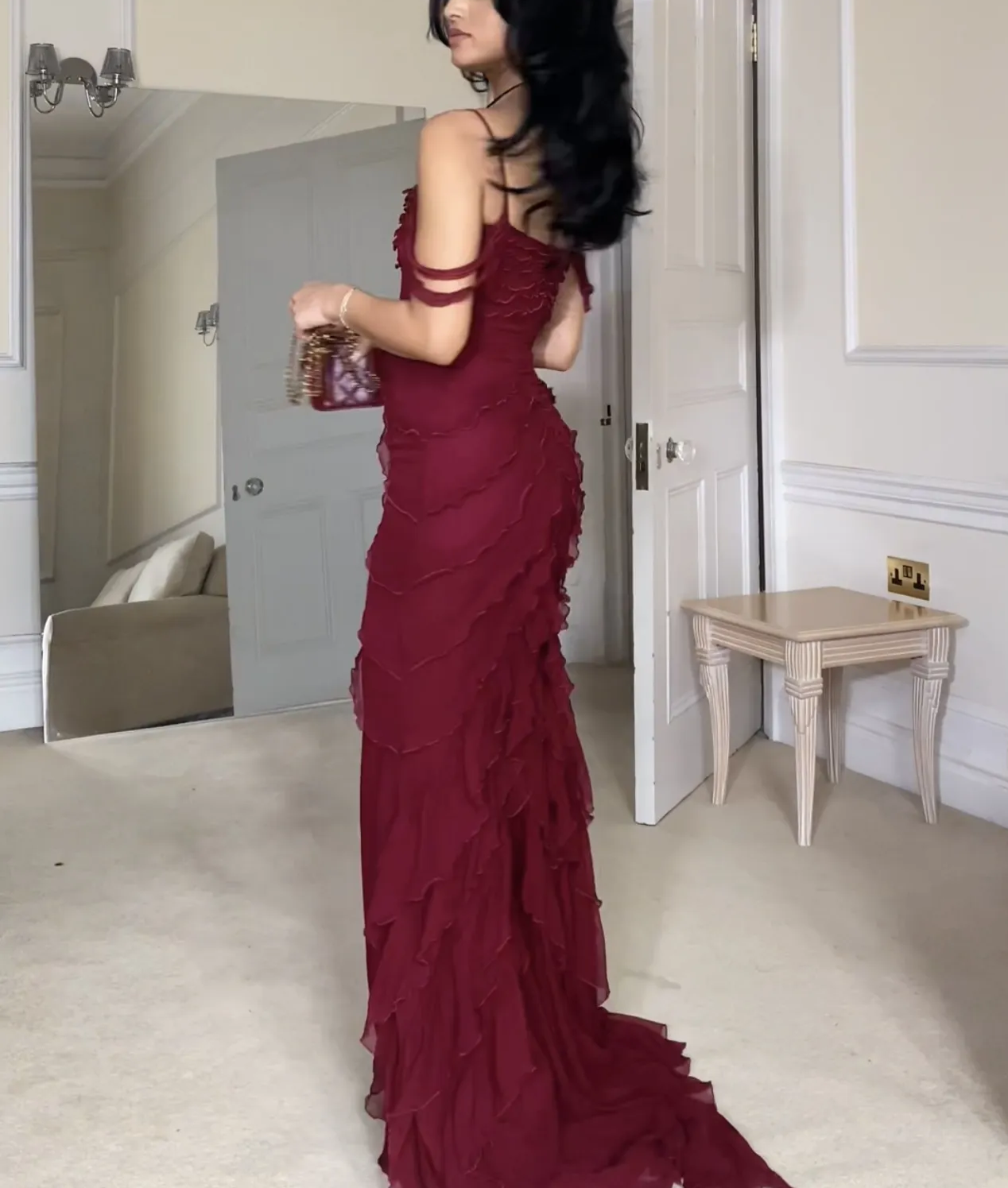 Wine Red Off Shoulder Straps Multi-Layered Ruffles Long Prom Dress