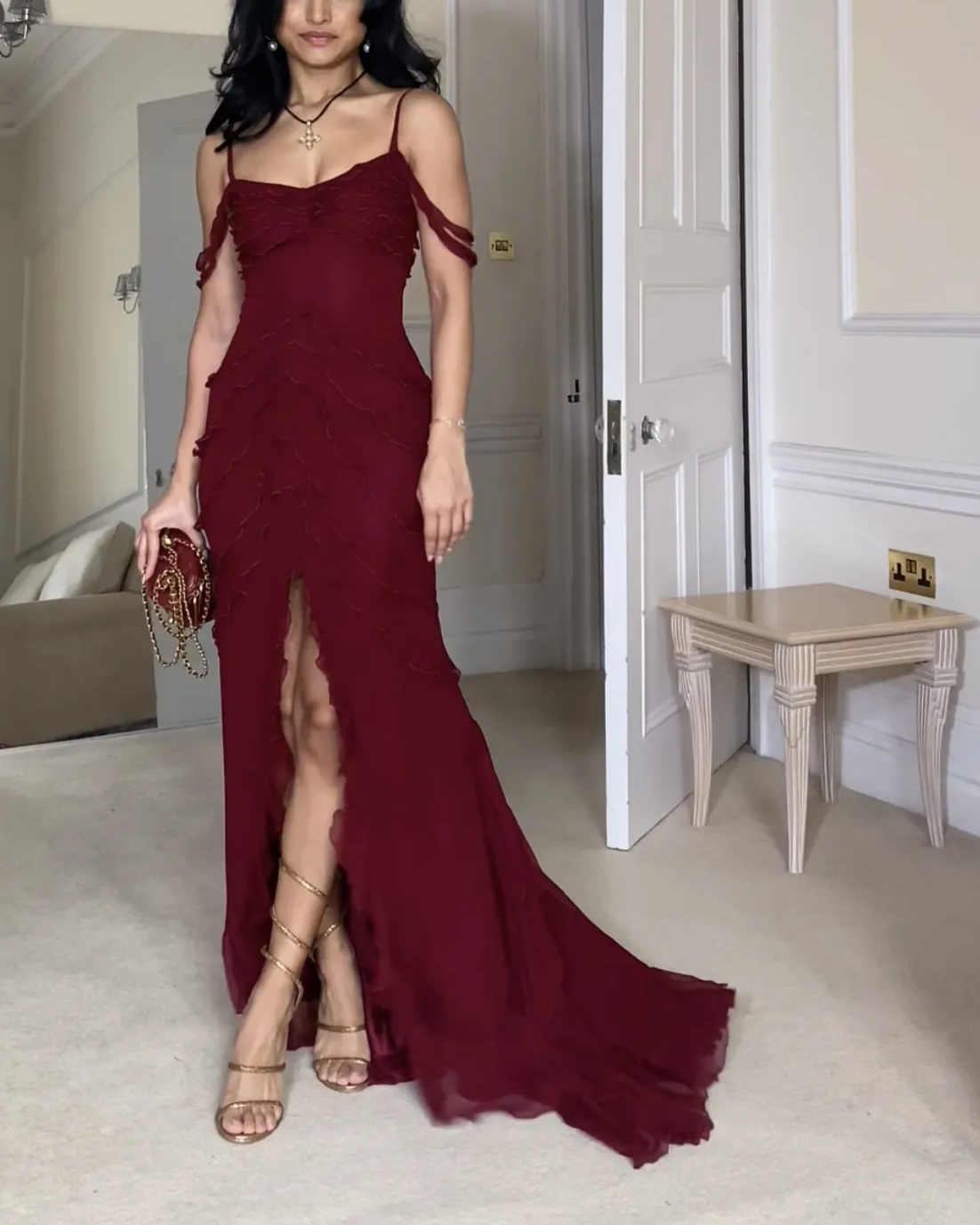 Wine Red Off Shoulder Straps Multi-Layered Ruffles Long Prom Dress