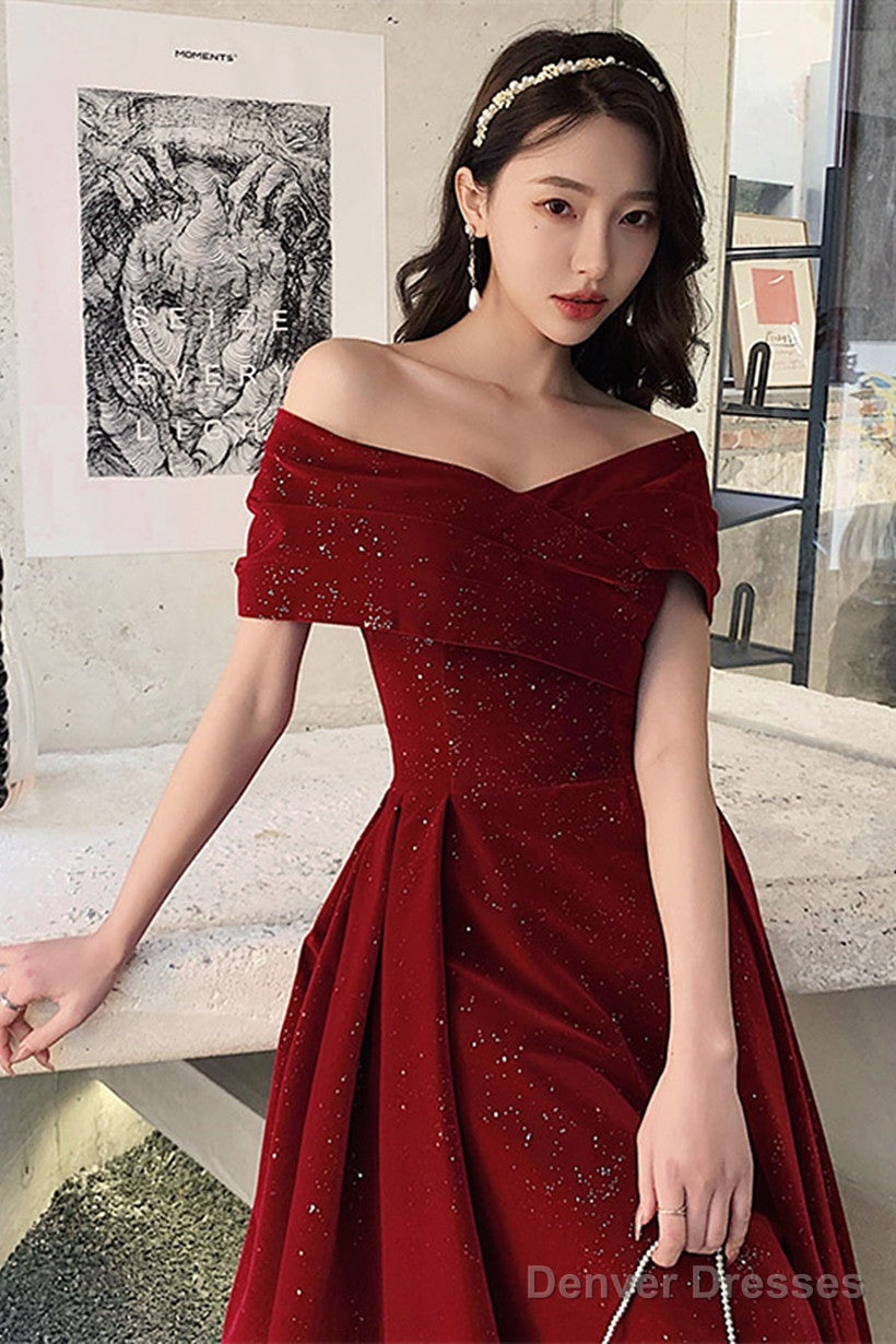 Wine Red Off Shoulder Tea Length Velvet Party Dress, Wine Red Prom Dress Secondary image
