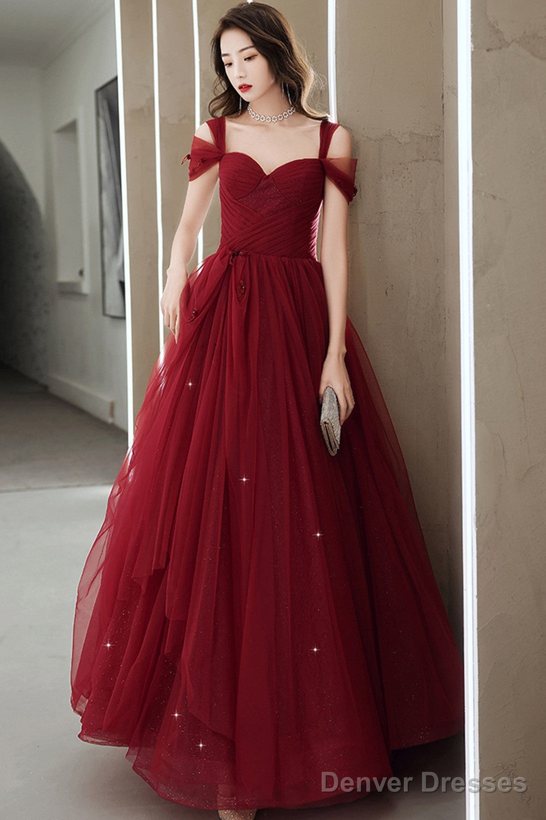 Wine Red Off Shoulder Tulle Party Dress, Wine Red Tulle Prom Dress Evening Dress