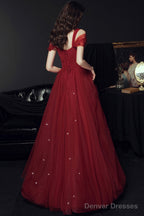 Wine Red Off Shoulder Tulle Party Dress, Wine Red Tulle Prom Dress Evening Dress