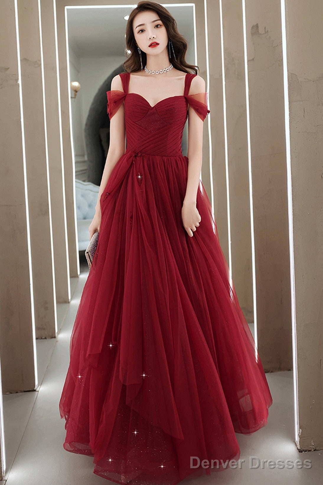 Wine Red Off Shoulder Tulle Party Dress, Wine Red Tulle Prom Dress Evening Dress
