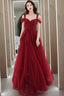 Wine Red Off Shoulder Tulle Party Dress, Wine Red Tulle Prom Dress Evening Dress